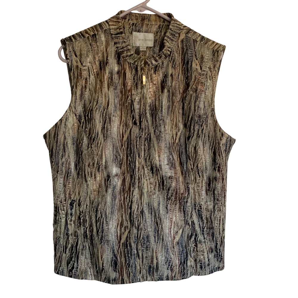 Erin‎ London Womens Brown Multi Patterned Full Zip Up Vest Size L Earth Tones